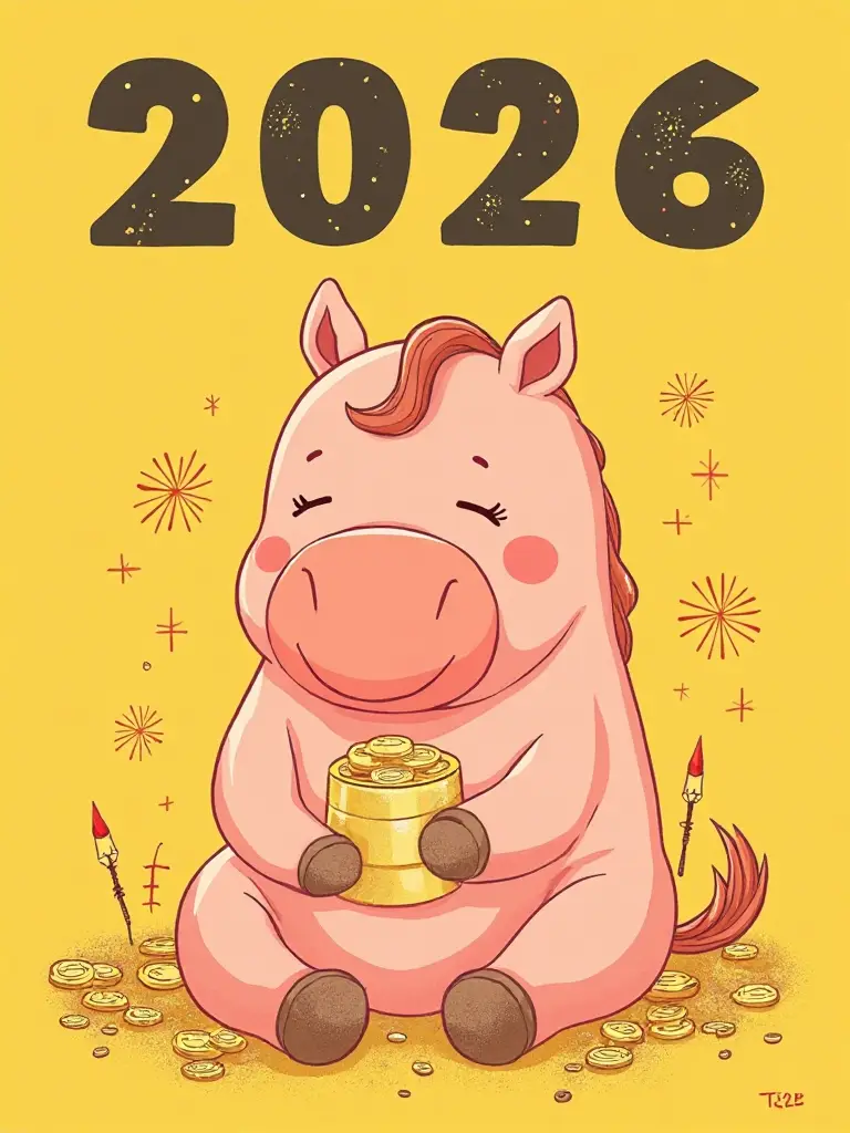 AI generated chubby pink horse with gold elements celebrating 2026 - festive AI artwork by AI Image Agent